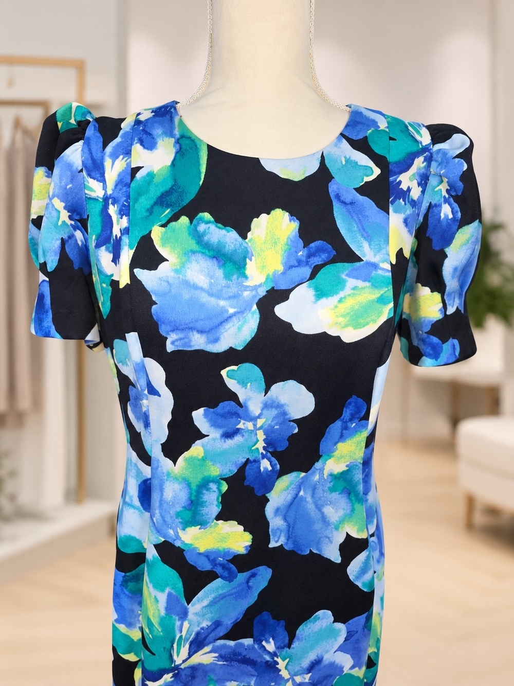 NWT DKNY Blue Floral Puff Sleeve Sheath Dress Size 12 - Picture 5 of 8